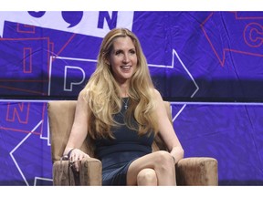 FILE - In this Oct. 20, 2018 file photo, Ann Coulter participates in the "AAA: Ask Ann Anything" panel at Politicon at the Los Angeles Convention Center in Los Angeles. President Donald Trump defended himself Saturday from a conservative backlash that he himself unleashed when he ended the 35-day-old partial government shutdown without money for his promised border wall.  Coulter, a big supporter of a barrier on the southern border, called Trump the "biggest wimp" ever to occupy the Oval Office.