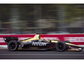 FILE - In this July 14, 2018, file photo, James Hinchcliffe races down the track during the third practice session of the IndyCar auto race in Toronto. Arrow Electronics has significantly increased its partnership with Schmidt Peterson Motorsports and will enter the 2019 season as the title partner of the IndyCar team.