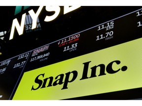 FILE- In this May 2, 2018, file photo the logo for Snap Inc. appears above a trading post on the floor of the New York Stock Exchange. Snap Inc. is getting hit hard in premarket trading after the social media company said its second chief financial officer is leaving, the second to do so in the past year. In a regulatory filing Tuesday, Jan. 15, 2019, the company said Tim Stone is leaving to pursue other opportunities.