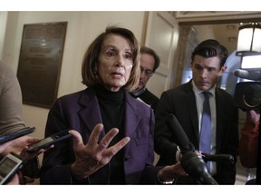 FILE - In this Friday, Jan. 18, 2019, file photo, Speaker of the House Nancy Pelosi, D-Calif., takes questions from reporters on Capitol Hill in Washington. Pelosi is laying out her strategy on health care and first up is improvements to "Obamacare" and legislation to lower prescription drug costs.