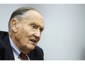 In this Tuesday, May 20, 2008, file photo, John Bogle, founder of The Vanguard Group, talks during an interview with The Associated Press, in New York. Vanguard announced Wednesday, Jan. 16, 2019, that John C. "Jack" Bogle has died at the age of 89.
