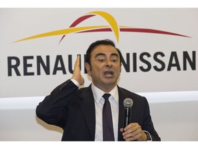 FILE - In this April 25, 2016, file photo, then Renault-Nissan's CEO Carlos Ghosn speaks during a press conference held at the Auto China 2016 in Beijing. French Finance Minister Bruno Le Maire said Thursday, Jan. 24, 2019, that Ghosn, who is fighting breach of trust and other charges in Japan, resigned as head of Renault.