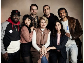 Lil Rel Howery, from left, Alice Lee, Micah Stock, Jillian Bell, director Paul Downs Colaizzo, Michaela Watkins and Utkarsh Ambudkar pose for a portrait to promote the film "Brittany Runs A Marathon" at the Salesforce Music Lodge during the Sundance Film Festival on Sunday, Jan. 27, 2019, in Park City, Utah.