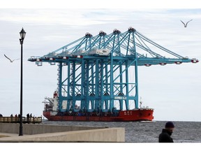 Spectators crowd a pier as they watch a Chinese ship carrying giant cranes approach the entrance to Hampton Roads in Hampton, Va., Monday, Jan. 7, 2019. The four new ship- to-shore cranes are part of the $320 million expansion of Virginia International Gateway.