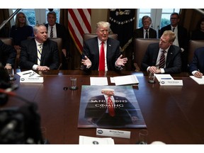 In this Jan. 2, 2019, photo, acting Secretary of the Interior David Bernhardt, left, and acting Secretary of Defense Patrick Shanahan, right, listen as President Donald Trump speaks during a cabinet meeting at the White House in Washington.