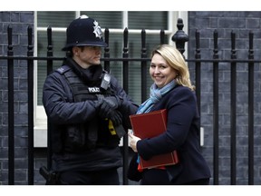 Britain's Secretary of State for Northern Ireland Karen Bradley arrives to attend a cabinet meeting at Downing Street in London, Tuesday, Jan. 15, 2019. Britain's Prime Minister Theresa May is struggling to win support for her Brexit deal in Parliament. Lawmakers are due to vote on the agreement Tuesday, and all signs suggest they will reject it, adding uncertainty to Brexit less than three months before Britain is due to leave the EU on March 29.