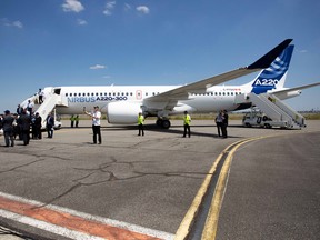A new Airbus A220 single-aisle aircraft stands on the tarmac in Toulouse, France.