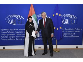 His Excellency Antonio Tajani, President of the European Parliament, and Her Excellency Dr Amal Al Qubaisi, Speaker of the UAE Federal National Council (FNC)