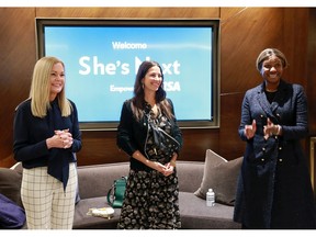 Visa unveils a global initiative to champion women-owned small businesses everywhere: She's Next, Empowered by Visa. Visa executives Mary Ann Reilly (left) and Suzan Kereere (right) are joined by Rebecca Minkoff, founder of Rebecca Minkoff (center) and the Female Founder Collective at an event at Hudson Yards in New York City.