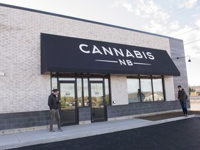 The exterior of a Cannabis NB retail store is shown in Fredericton, N.B.. The retailer is laying off staff three months into legalization.