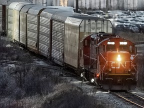 A CN Rail train at the Canadian National MacMillan Yard in Vaughan, Ontario.