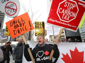 Demonstrators support the Transcanada Coastal GasLink pipeline in downtown Calgary in early January.