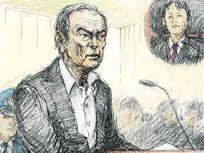 This courtroom sketch depicts former Nissan chairman Carlos Ghosn in a courtroom at the Tokyo District Court in Tokyo Tuesday, Jan. 8, 2019.