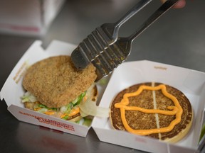 A McChicken sandwich featuring the ghost pepper sauce at the McDonald's test kitchen in Toronto.