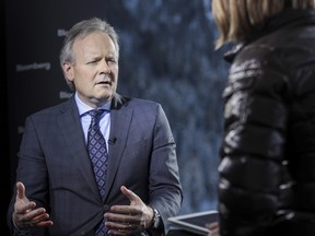 Stephen Poloz, governor of the Bank of Canada, talks to Bloomberg on day two of the World Economic Forum (WEF) in Davos, Switzerland, on Wednesday.