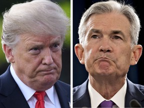 Donald Trump, left, privately discussed firing Jerome Powell, right, last month, but his acting chief of staff later said that the president knows "now" that he cannot fire the Fed chair unless it's for cause.