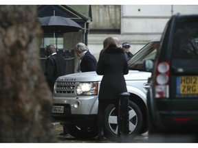Britain's Prime Minister Theresa May arrives at Downing Street, London,  Monday, Feb. 4, 2019.  May's Brexit strategy took another blow Sunday when Nissan canceled plans to make its new SUV in northern England amid continued uncertainty over the country's future relations with the European Union.