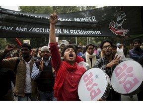 Indian students from various student organizations participate in a protest rally in New Delhi, India, Thursday, Feb. 7, 2019. The march called the "Young India Adhikaar March," or Young India Rights March, was held to demand the government address the problem of unemployment.
