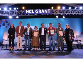 L to R - Ms. Roshni Nadar Malhotra, Vice Chairperson, HCL Technologies and Chairperson, CSR Committee, HCL Technologies; Mr. Sourav Ganguly, Former Captain of Indian National Cricket Team; Mr. Amitabh Kant, CEO, NITI Aayog and Ms. Robin Abrams, former president of Palm Computing and longest-serving Board member of HCL Technologies along with the HCL Grant 2019 recipients - Environment - Wildlife Trust of India; Health - She Hope Society for Women Entrepreneurs and Education - Srijan Foundation.