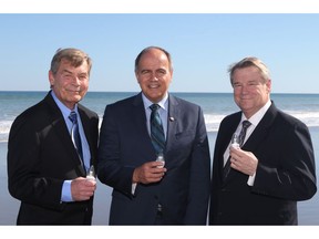 Rob Koeneman, co-founder, President and Senior VP Technology at Joi Scientific, left to right, Gaetan Thomas, CEO, NB Power and Traver Kennedy, CEO, Joi Scientific are seen in this undated handout photo. New Brunswick's Crown-owned power utility is partnering with a Florida-based company to develop power plants that would use hydrogen extracted from seawater as their fuel. NB Power signed a license agreement with Joi Scientific three years ago, but have now agreed to work together to build a number of prototypes that would eventually be used in the province.