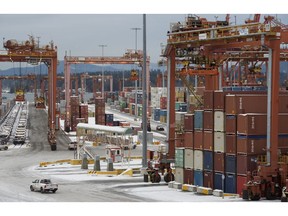 The DP World container terminal is pictured at the Port of Vancouver in Vancouver, Monday, Feb 11, 2019. The Vancouver port saw record cargo numbers in 2018, driven by overseas demand for grain and potash and a thirst for consumer products in Canada.