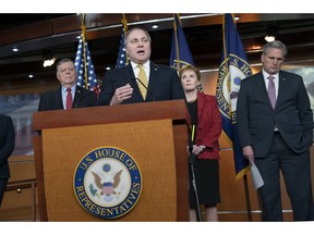 House Minority Whip Steve Scalise, R-La., joined from left by Rep. Tom Cole, R-Okla., Rep. Kay Granger, R-Texas, and House Minority Leader Kevin McCarthy of Calif., as he renewed his criticism of the Democratic leadership for not stripping Rep. Ilhan Omar, D-Minn., from the Foreign Affairs Committee in the wake of anti-semitism accusations, during a news conference at the Capitol in Washington, Wednesday, Feb. 13, 2019.