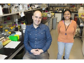 Peter Stogios, Research Manager, BioZone Protein Crystallization Facility Department of Chemical Engineering and Applied Chemistry and Research Associate Meena Venkatesan in their lab at the University of Toronto on Wednesday February 20, 2019.
