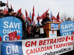 Jerry Dias, the national president for Unifor, the national union representing auto workers, addresses a rally protesting the closing of the Oshawa assembly plant within view of General Motors headquarters in Windsor, Ont. last month.