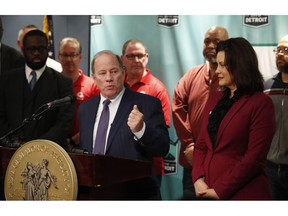 Detroit Mayor Mike Duggan announces plans for Fiat Chrysler to build a new assembly plant include $12 million in tax abatements over a dozen years and 200 acres of land during a news conference in Detroit, Tuesday, Feb. 26, 2019. Duggan's office said that the city will work with the state on other incentives for the automaker's $1.6 billion investment to convert its Mack Avenue Engine Complex into a new facility. The city has 60 days to get the land, 170 acres of which is owned by the city, a power utility, a public water authority and a family of prominent wealthy businessmen.