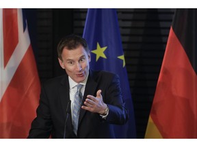 British Foreign Secretary Jeremy Hunt delivers a speech about Britain and Europe at the Konrad-Adenauer-Foundation in Berlin, Germany, Wednesday, Feb. 20, 2019.
