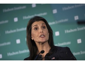 FILE - In this Dec. 3, 2018 file photo, Nikki Haley speaks during the Hudson Institute's 2018 Award Gala in New York.  Boeing is making room on its board of directors for Haley, the former U.S. ambassador to the United Nations. Boeing Co. said Tuesday, Feb. 26, 2019, that it nominated Haley for election at its annual shareholder meeting, which is scheduled for April 29.