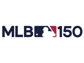 This logo provided by Major League Baseball shows the league's 150 anniversary logo. Major League Baseball's 150th anniversary logo features the silhouetted batter created to celebrate the century mark of the first professional baseball team in 1969. MLB released the design Tuesday, Feb. 12, 2019, and players, managers and coaches will have a patch on their right sleeves. (MLB via AP)