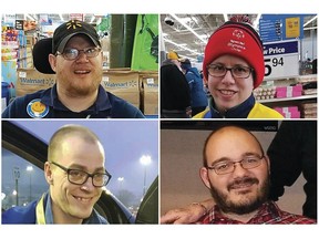 This combination of images shows Walmart greeters, clockwise from top left, John Combs in Vancouver, Wash., Ashley Powell in Galena, Ill., Mitchell Hartzell in Hazel Green, Ala., and Adam Catlin in Selinsgrove, Pa. Combs, Powell, Hartzell and Catlin are among disabled Walmart greeters threatened with job loss as Walmart transforms the greeter position into one that's more physically demanding. (Rachel Wasser/Tamara Ambrose/Gina Hopkins/Holly Catlin via AP)