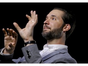 In this Tuesday Feb. 19, 2019, photo Alexis Ohanian, founder of the social media company Reddit, speaks during an interview in New York. Ohanian says he can't imagine how he and Serena Williams would have coped with a new baby if he had not been able to take leave from his job. Now the Reddit co-founder is rallying all men to join the battle cry for paid parental leave in the U.S., the only industrialized country that does not mandate it at the federal level.