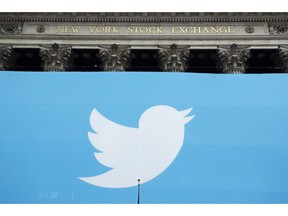 In this file photo, a Twitter sign is draped on the facade of the New York Stock Exchange before its IPO in New York. Twitter reported financial results today.