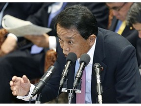Japanese Finance Minister Taro Aso speaks during a budget committee meeting at the lower house of the parliament in Tokyo Tuesday, Feb. 5, 2019. Aso reluctantly apologized for saying childless people are to blame for the country's rising social security costs and its aging and declining population. Aso said Tuesday that he apologized if some people found his remarks "unpleasant."
