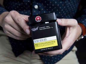 Packaging for a recreational cannabis product is shown at Canopy Growth's Tweed headquarters in Smiths Falls, Ont.