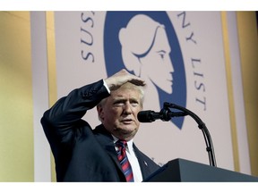 FILE - In this May 22, 2018 file photo, President Donald Trump looks out at the audience during a speech at the Susan B. Anthony List 11th Annual Campaign for Life Gala at the National Building Museum in Washington. The Trump administration said Friday that it would bar taxpayer-funded family planning clinics from referring women for abortions, a move certain to be challenged in court by abortion rights supporters.