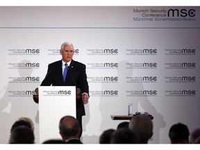 United States Vice President Mike Pence delivers his speech during the John McCain Dissertation Award Ceremony at the Bavarian State Parliament in Munich, Germany, Friday, Feb. 15, 2019. Pence arrived Thursday to attend the Munich Security Conference.