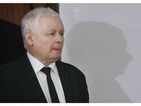 FILE- In this photo taken April 12, 2017 in Warsaw, Poland, is seen Poland's ruling party leader Jaroslaw Kaczynski before a news conference. Kaczynski, whose public image is of restraint and honesty, is at the center of a scandal involving him negotiating a multi-million euro construction project, even though the law bans political parties from doing business.