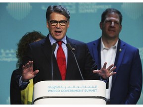 U.S. Energy Secretary Rick Perry speaks at the World Government Summit in Dubai, United Arab Emirates, Sunday, Feb. 10, 2019. Perry on Sunday announced an upcoming robotics competition would be held in the United Arab Emirates later this year.