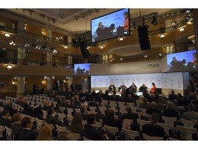 Former Prime Minister of Denmark Helle Thorning-Schmidt, from left, Henrietta H. Fore, Executive Director United Nations International Children's Emergency Fund, Kumi Naidoo, Secretary General Amnesty International andTawakkol Karman, chairwoman, Woman Jouirnalists Without Chainsduring during podium discussion at the Munich Security Conference in Munich, Germany, Sunday, Feb. 17, 2019.