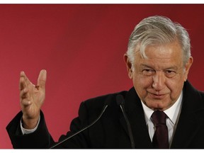 FILE - In this Jan. 9, 2019 file photo, Mexican President Andres Manuel Lopez Obrador speaks during a press conference in Mexico City. Lopez Obrador announced on Friday, Feb. 15, 2019, a $3.9 billion bailout for the cash-strapped state-owned Pemex oil company.