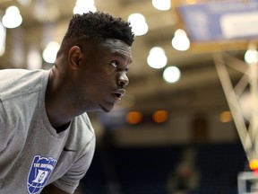 Zion Williamson #1 of the Duke Blue Devils warms up before their game against the North Carolina Tar Heels at Cameron Indoor Stadium on February 20, 2019 in Durham, North Carolina.