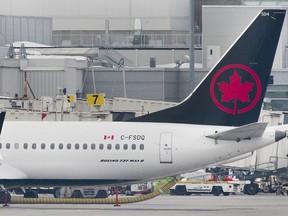 An Air Canada Boeing 737 Max 8 aircraft sits at Trudeau Airport in Montreal.