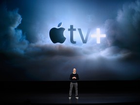 Apple Inc. CEO Tim Cook speaks during a company product launch event at the Steve Jobs Theater at Apple Park on March 25, 2019 in Cupertino, California. Apple announced the launch of it's new video streaming service.