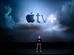 Apple Inc. CEO Tim Cook speaks during a company product launch event at the Steve Jobs Theater at Apple Park on March 25, 2019 in Cupertino, California.