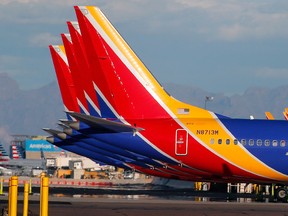 A group of Southwest Airlines Boeing 737 MAX 8 aircraft sit on the tarmac at Phoenix Sky Harbor International Airport on March 13, 2019 in Phoenix, Arizona.