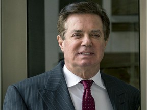 In this April 4, 2018 file photo, Paul Manafort, President Donald Trump's former campaign chairman, leaves the federal courthouse in Washington. Members of the Manafort family who run the Connecticut-based Manafort Brothers Inc. construction company are defending their family name while distancing themselves from Paul Manafort Jr.,  who is facing sentencing this month for financial crimes and illegal lobbying.