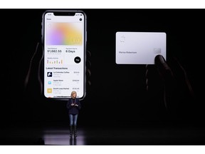 FILE- In this Monday, March 25, 2019, file photo, Jennifer Bailey, vice president of Apple Pay, speaks about the Apple Card at the Steve Jobs Theater during an event to announce new products in Cupertino, Calif. Apple is hoping a credit card will entice more iPhone owners to use Apple Pay.